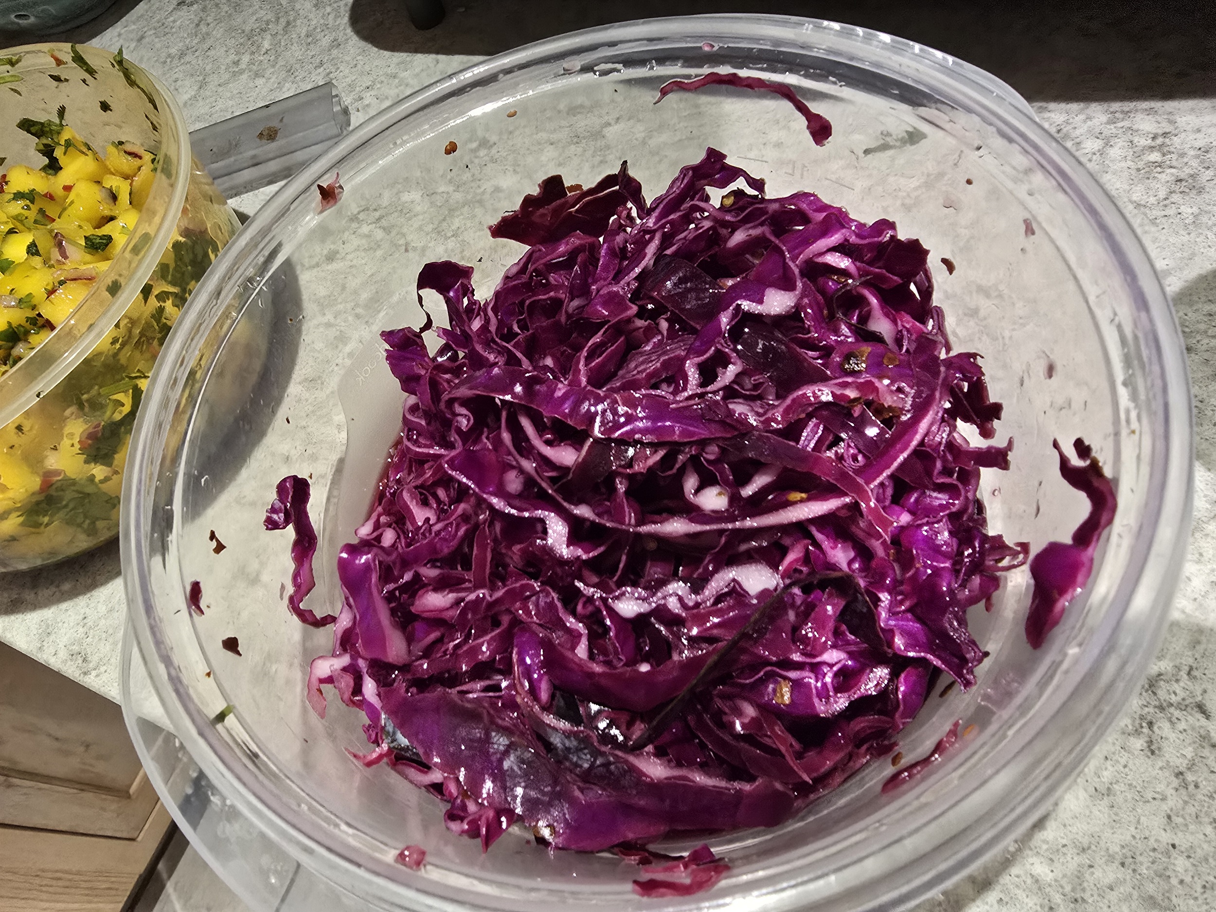 Bright purple pickled red cabbage slaw